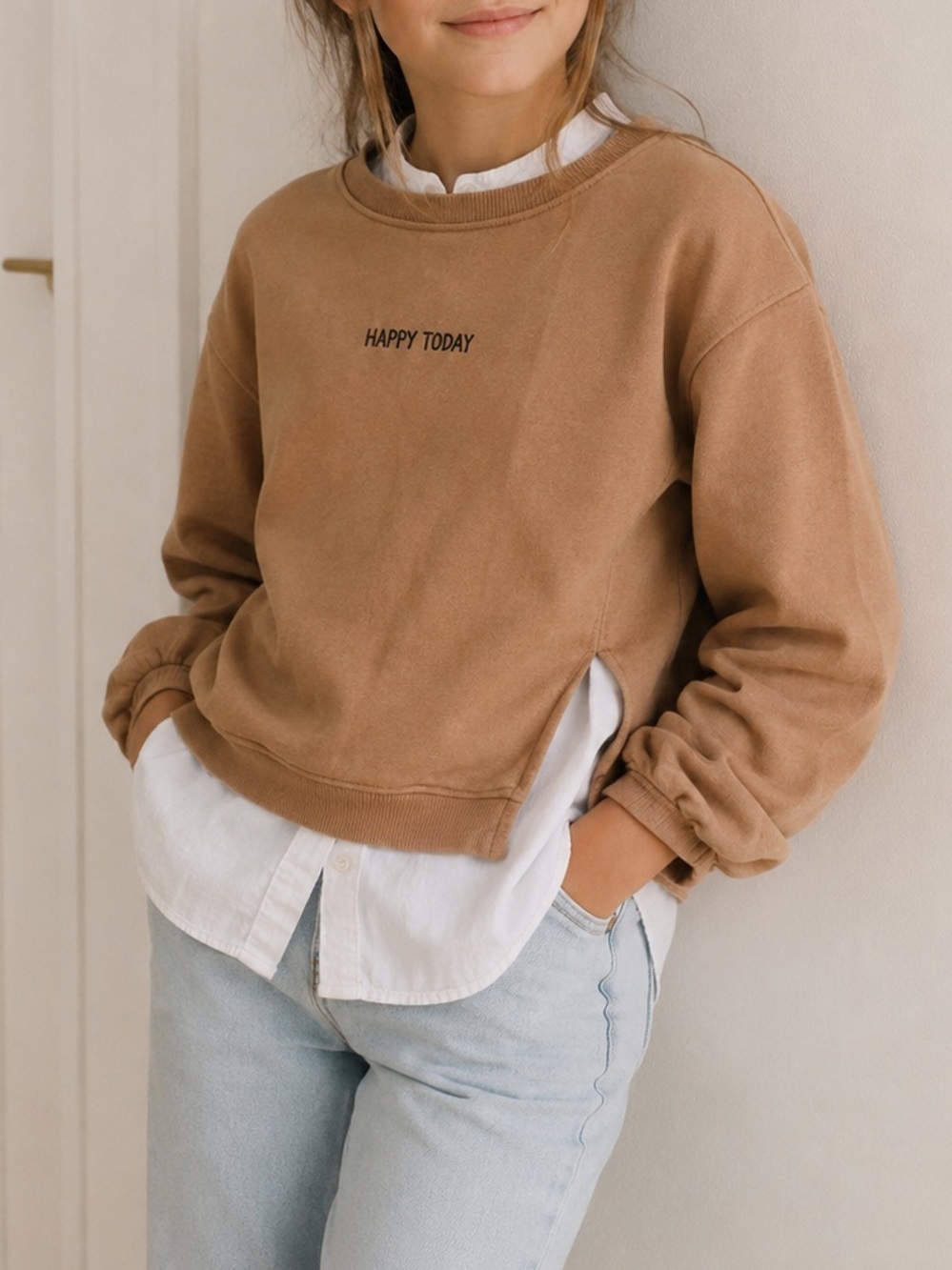 Zara Kids Layered Sweatshirt Shirt 10Y Preppy Minimalist Neutral School Casual